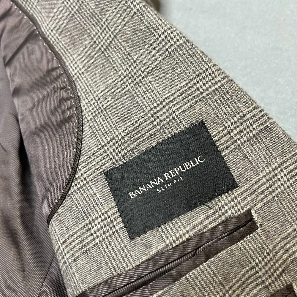 Banana Republic Blazer Jacket Men's 40R Gray Cotton Plaid Slim Fit Notch Lapel